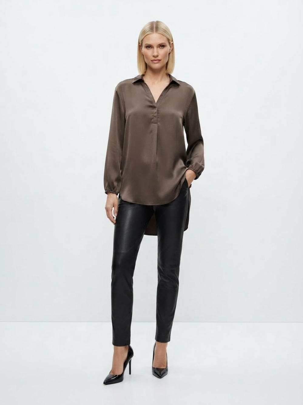 Satin Long-Sleeve V-Neck Tunic Blouse - Brown